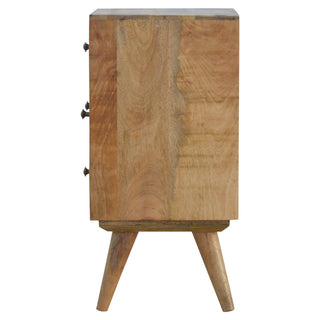 Full side view of the wooden nightstand highlighting the vertical wood grain and tapered legs.