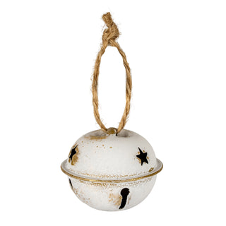 Distressed white metal bell with star cutouts and gold trim, suspended by a thick jute loop.