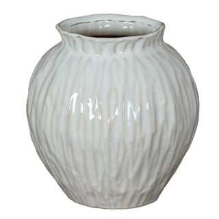 Off-white round ceramic vase with vertical textured ridges and a ruffled neck. Plain product shot.