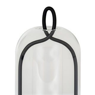 Close-up of the black metal frame crossing over inside the glass cloche, forming a loop handle at the top.