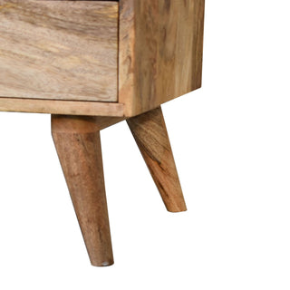 Tapered, angled legs of the oak-ish bedside table, showing the wood grain texture.