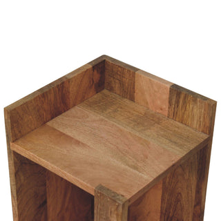 Close-up showing the internal corner of the top shelf and the raised back and side panels.