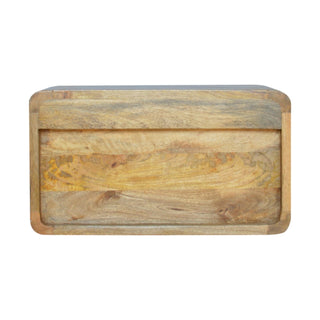 Full front view of the two-drawer floating unit, highlighting the varied natural wood grain and rounded edges.