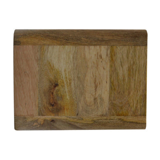 Top-down view of the bedside unit surface showing the varied wood grain and the curved front edge.