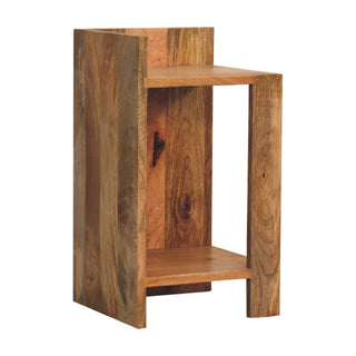 Full view of the wooden nightstand structure, showing the open compartment and the rich, varied timber tones.