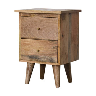 Two-drawer bedside cabinet featuring brass drawer pulls and four short, tapered wooden legs.