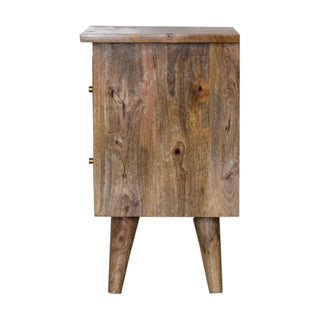 Side view of the bedside table showing the natural wood grain on the cabinet profile and the tapered legs.