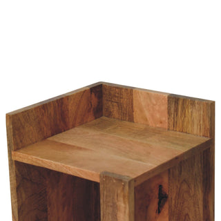 Detailed view of the top edge and corner joint, highlighting the multi-tonal, planked wood construction.