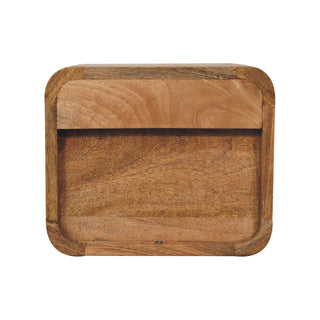 Front view of the two-drawer oak-ish floating bedside, highlighting the contrasting wood grain and rounded frame.