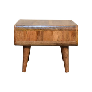 Close side view of the unit showing the rounded end panel, varied wood grain, and two tapered legs.