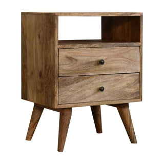 Rectangular oak-ish bedside table featuring an open shelf and two storage drawers with small dark knobs.