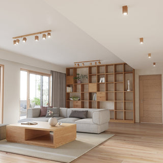 Oak ceiling spotlights installed in a contemporary living room above a sofa, complementing the wooden furniture.