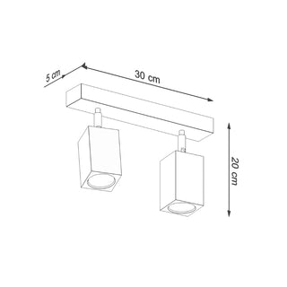 Line drawing of the ceiling light showing measurements: 30 cm length, 20 cm height, 5 cm depth.