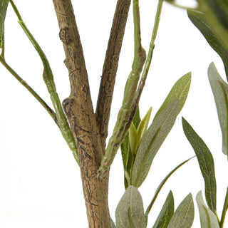 Close-up of the artificial olive tree stem, showing the textured brown bark and emerging green branches.