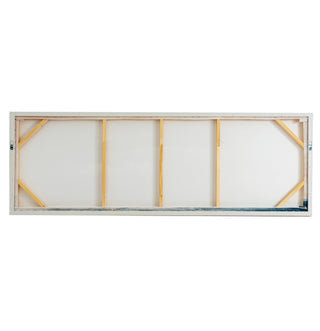 The back of the long framed canvas, revealing the internal wooden stretcher supports and hanging fixings.