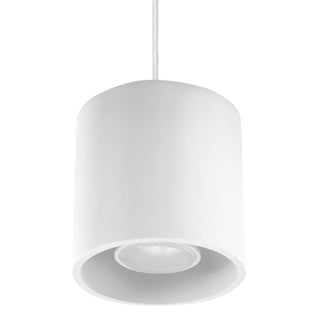 White cylindrical pendant light fixture hanging from a wire on a white background.
