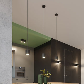 Orbis 2 twin spotlight installed on a green ceiling section in a modern kitchen, shown with matching cylindrical lights.