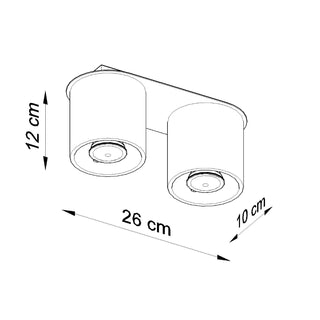 Diagram showing the dimensions of the twin ceiling light fitting: 26 cm length, 12 cm height, 10 cm width.