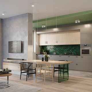 Contemporary open-plan room showing the Orbis 2 lamp used for ceiling accent lighting.