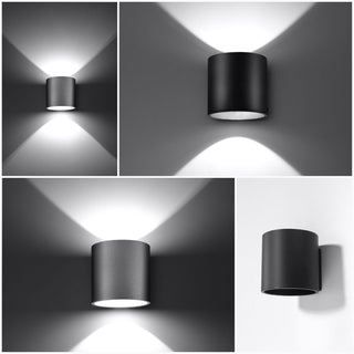 Examples of the cylindrical fixture in grey and black demonstrating the narrow, focused light beams on the wall.