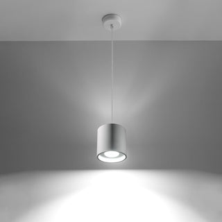 White pendant light switched on, showing the downward beam of illumination.