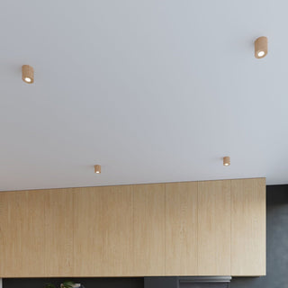 Multiple wooden ceiling spotlights installed in a modern room with light wood panelling.