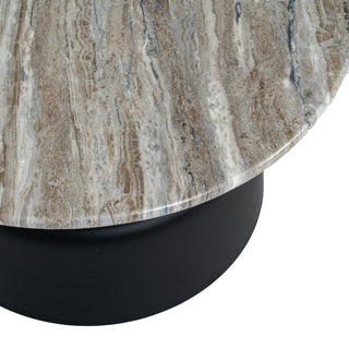 Polished brown and grey marble tabletop texture detail above the matte black base.