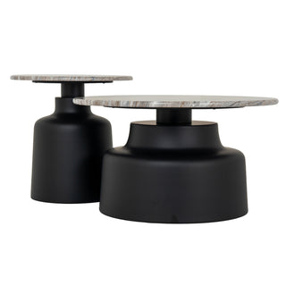 Nested round tables showing height difference, with grey marble tops and matte black bases.