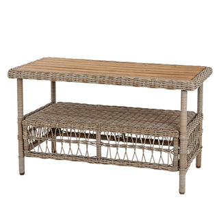 Outdoor coffee table component featuring a wooden slatted top and a lower rattan woven shelf.