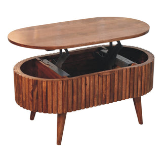 Oval coffee table with the lift-top raised, showing the internal storage and metal mechanism.