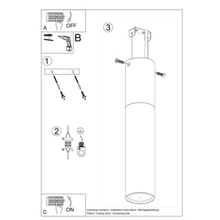 Technical line drawing showing the installation steps and wiring diagrams for the ceiling lamp.