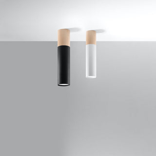 Black and wood ceiling lamp shown next to the white and wood colour variant.