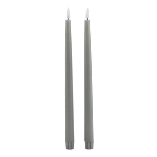 Pair of grey LED taper candles with white flickering flame tips and ribbed bases. Plain front-on view.