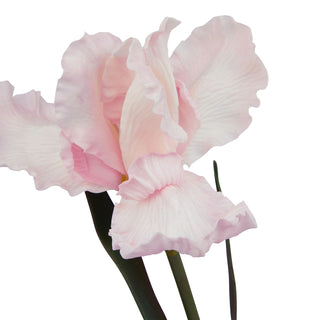 Detail shot of the fringed, textured petals of the artificial pale pink iris bloom.