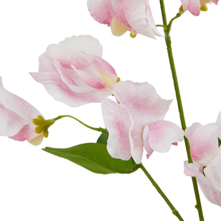 Close-up of the artificial sweetpea showing the delicate texture and shading of the pink petals.