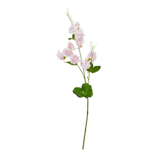 Plain front-on view of a single artificial sweetpea stem featuring multiple pale pink blooms and green foliage.