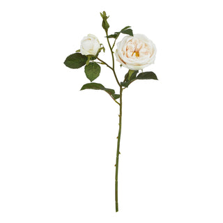 Artificial rose stem with one open palest blush flower, one bud, and green leaves.
