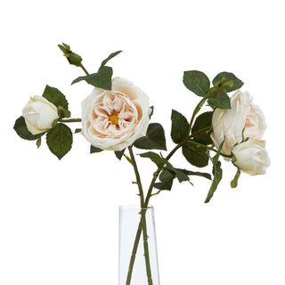 Artificial rose stem featuring multiple open and closed palest blush blooms, displayed in a clear glass vase.