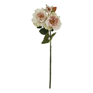 Artificial single stem featuring three pale pink and cream tea rose blooms and green foliage.