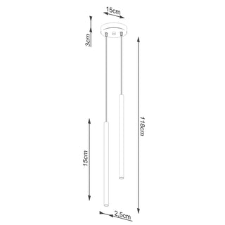Schematic line drawing detailing the pendant dimensions: 118cm maximum drop, 15cm shade length, 2.5cm diameter.