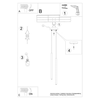 Black and white technical drawing detailing the wiring and ceiling mounting instructions.