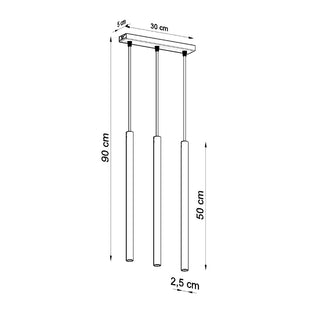 Technical diagram showing dimensions of the 3-pendant light fixture.