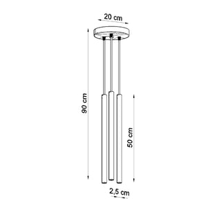 Technical line drawing of the three-light pendant lamp showing its dimensions, including drop length and shade size.