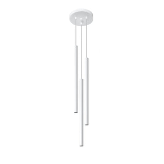 White modern three-light pendant lamp with cylindrical shades hanging from a circular ceiling rose.