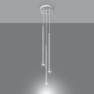 Three white cylindrical pendant lights switched on, showing downward illumination.