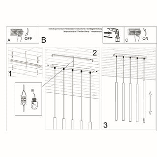 Technical line drawing of the five-light pendant installation process, showing mounting bracket, wiring, and drop adjustment.
