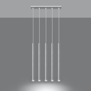 Five white cylindrical pendant lights switched on, casting downward spotlights.