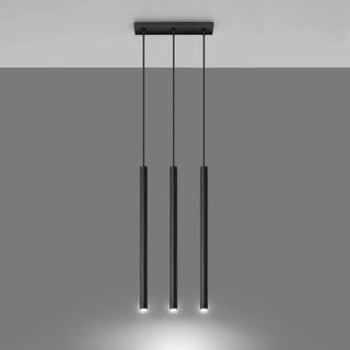 Three cylindrical black pendant lights illuminated, casting focused downward beams.