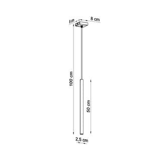 Black and white technical diagram illustrating the light fixture dimensions: 50 cm pendant, 100 cm cable, and 8 cm ceiling rose.