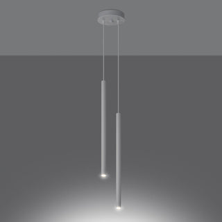 Twin white cylindrical pendants suspended from the ceiling rose, casting bright downward spotlights.